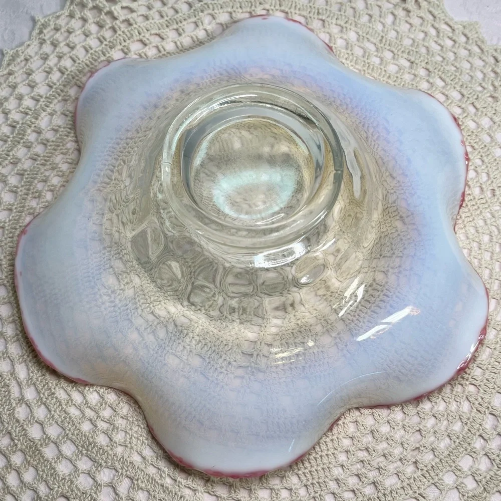 Pair Antique Cranberry Frit Moonstone Paneled Bowl Jefferson Glass Fancy Fantail